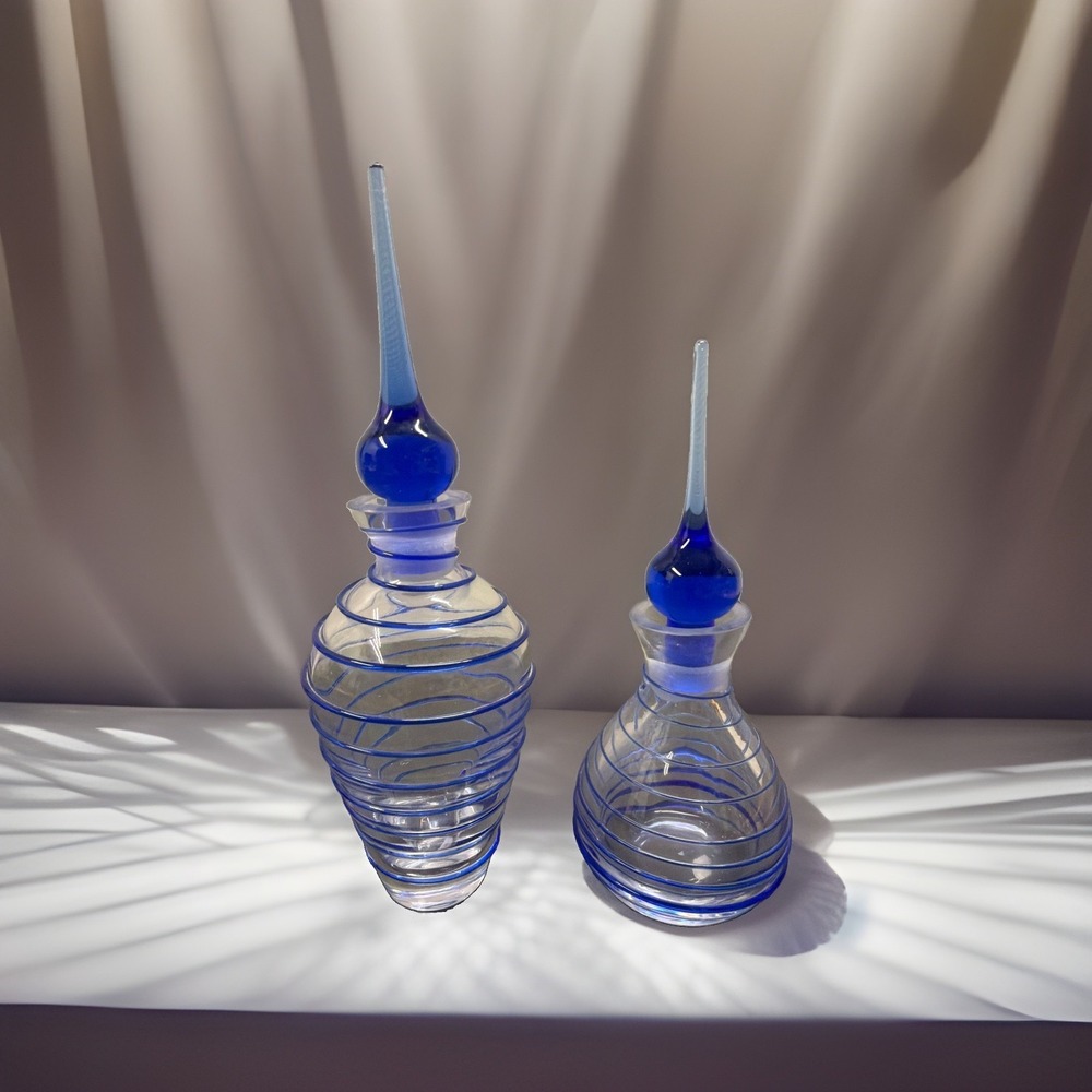 Vintage Handmade Glass,  Blue Perfume Bottles With Stoppers, Set   See Pictures - Picture 2 of 8